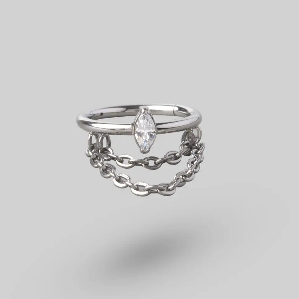 Hinged Segment Ring Front Kite CZ With Chain Dangle in Silver - Titanium - Camden Body Jewellery