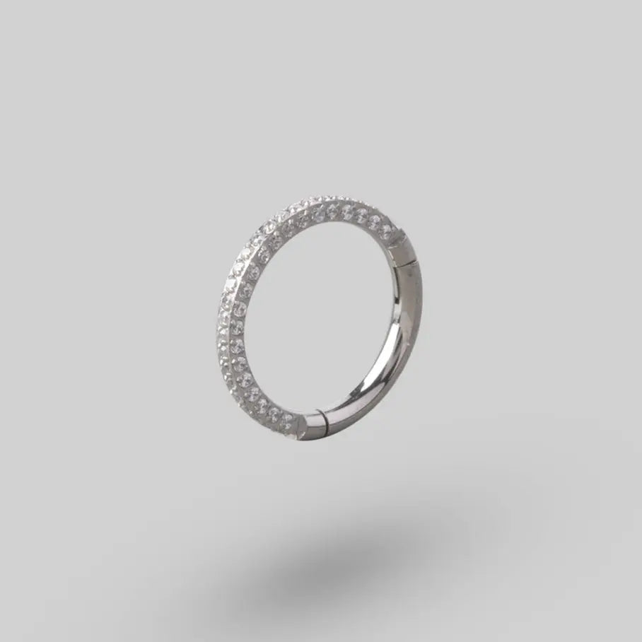 Hinged Segment Ring Front + Side Face CZ Pave in Silver - Titanium - Camden Body Jewellery