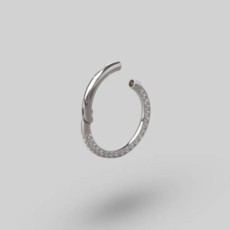 Hinged Segment Ring Front + Side Face CZ Pave in Silver - Titanium - Camden Body Jewellery