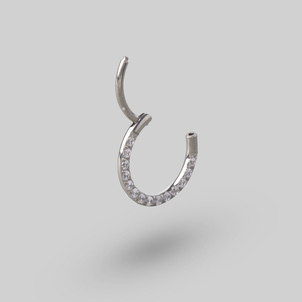 Clicker Pin Segment Ring Front Face Clear CZ in Silver - Titanium
