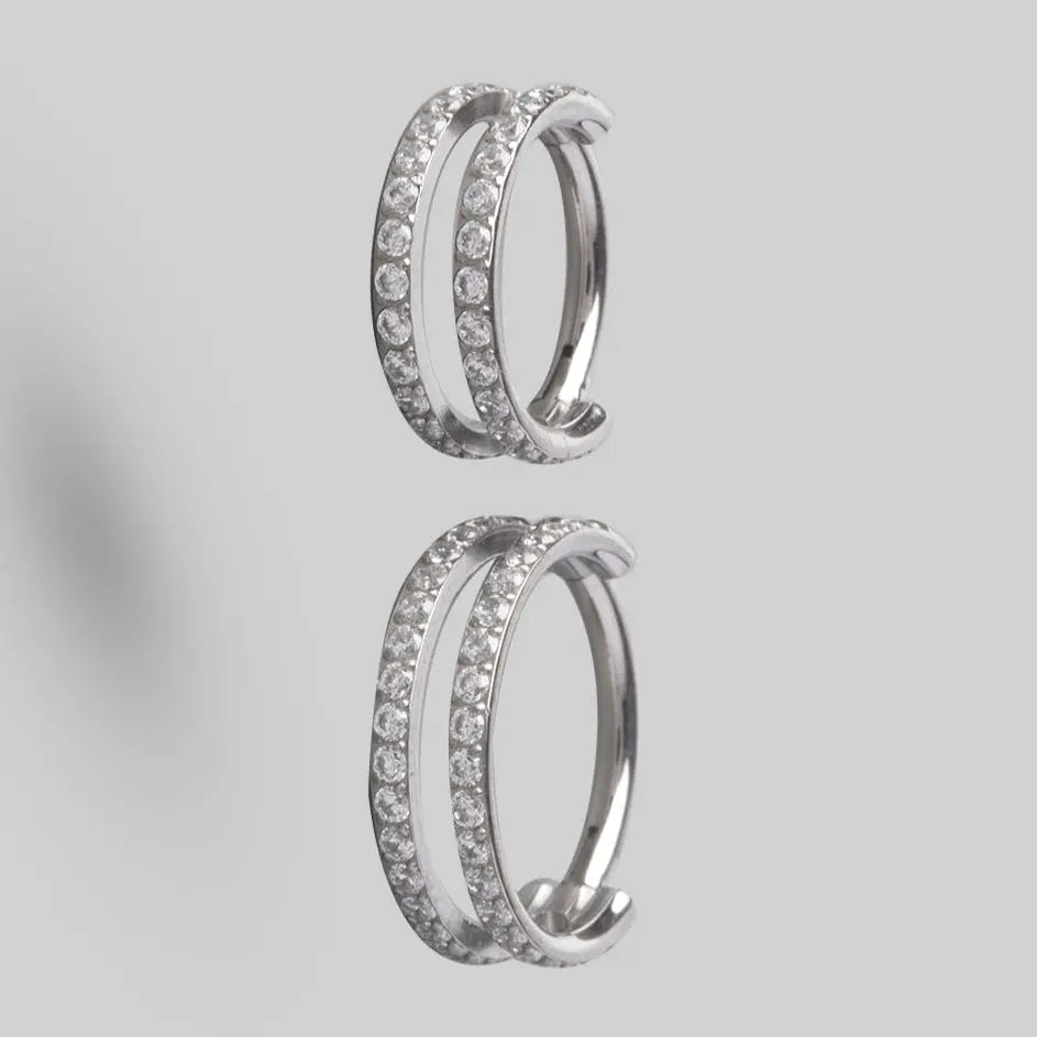 Hinged Segment Ring 2 Rows Double CZ Marquise Stone Centre in Silver - Titanium - Camden Body Jewellery