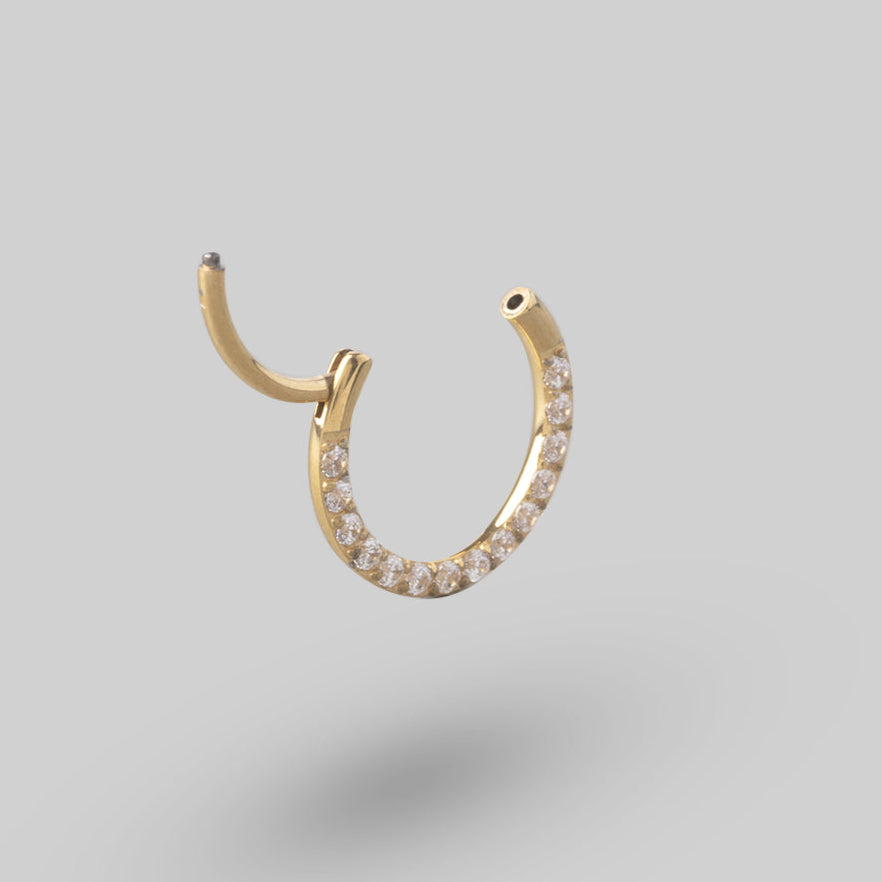 Clicker Pin Segment Ring Front Face Clear CZ in Gold - Titanium - Camden Body Jewellery