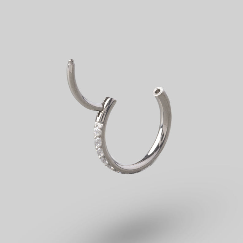 Clicker Pin Segment Ring Side Face Clear CZ in Silver - Titanium