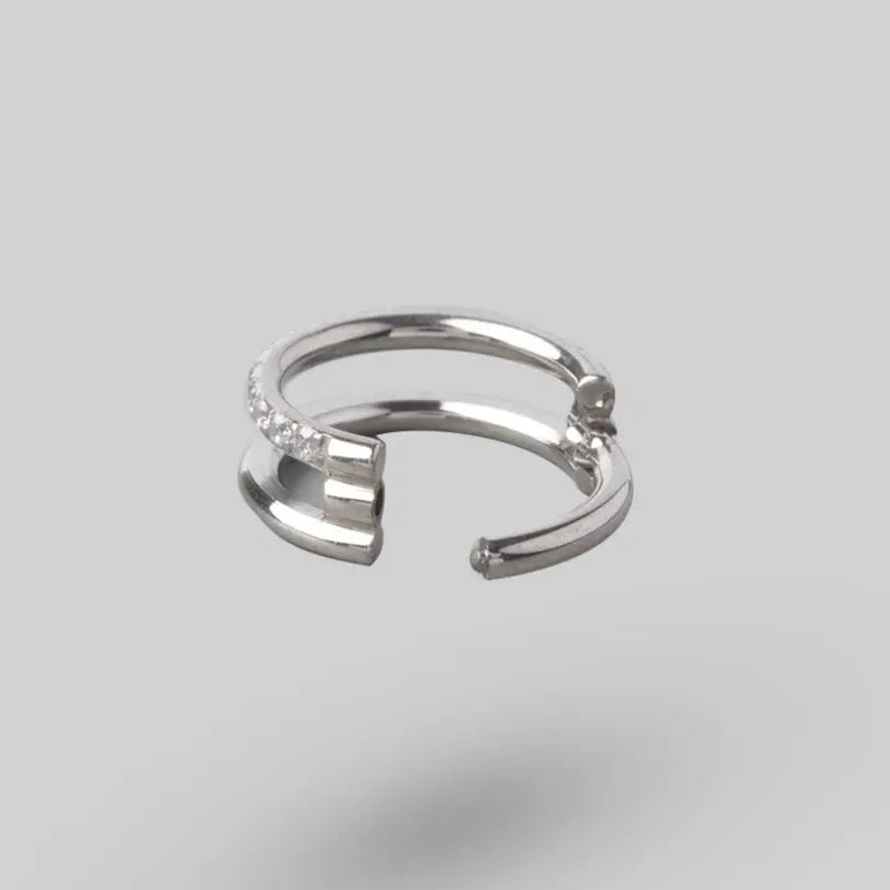 Hinged Segment Ring 2 Rows Single CZ Marquise Stone Centre in Silver - Titanium - Camden Body Jewellery