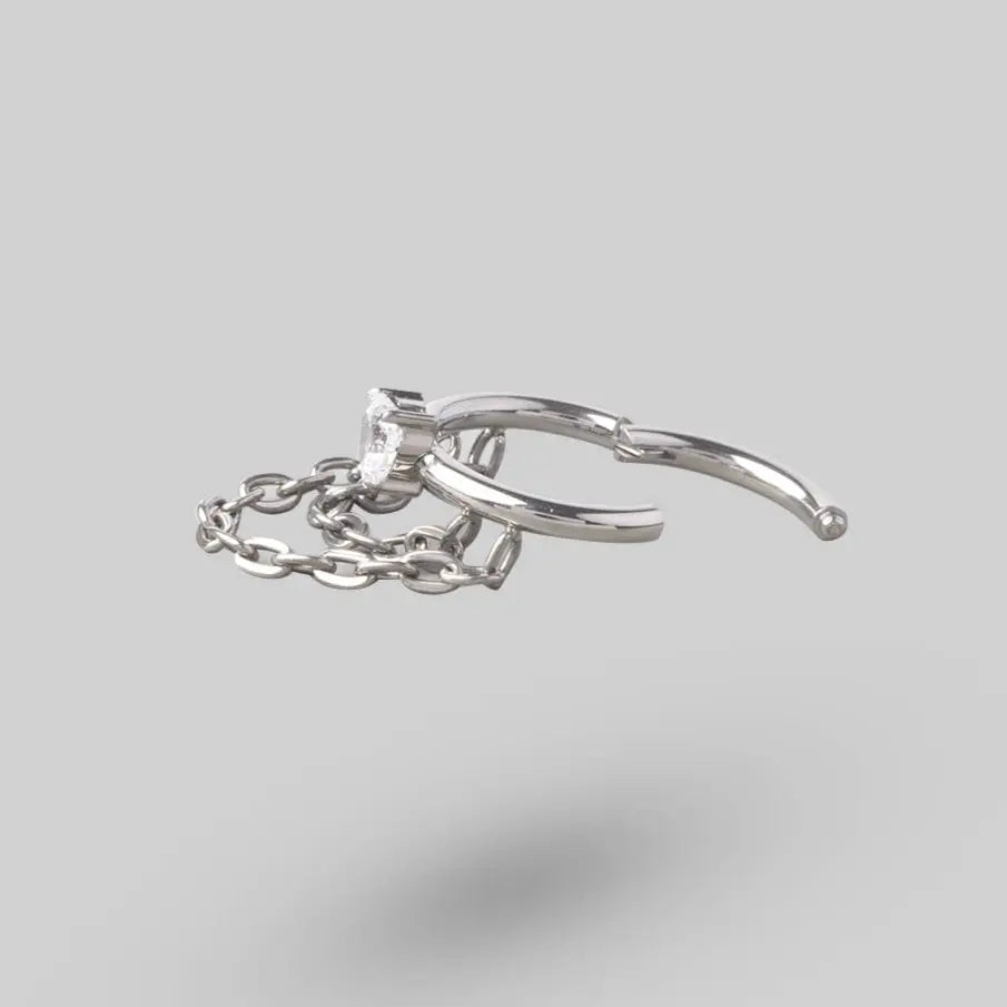 Hinged Segment Ring Side Face Heart Prong With Chain Dangle in Silver - Titanium - Camden Body Jewellery