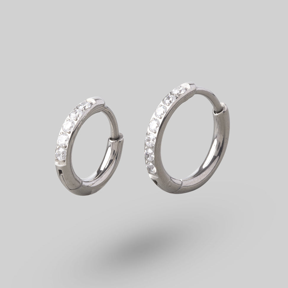 Huggie Hoop Clear CZ in Silver (Pair) - Titanium - Camden Body Jewellery
