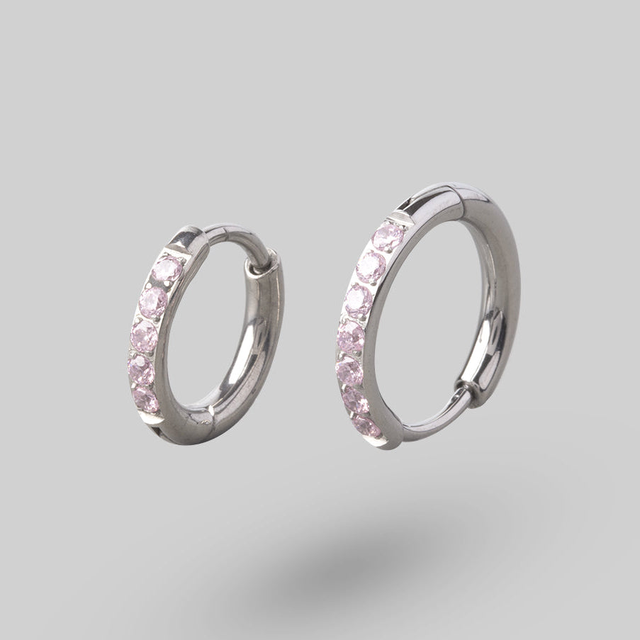 Huggie Hoop Pink CZ in Silver (Pair) - Titanium - Camden Body Jewellery