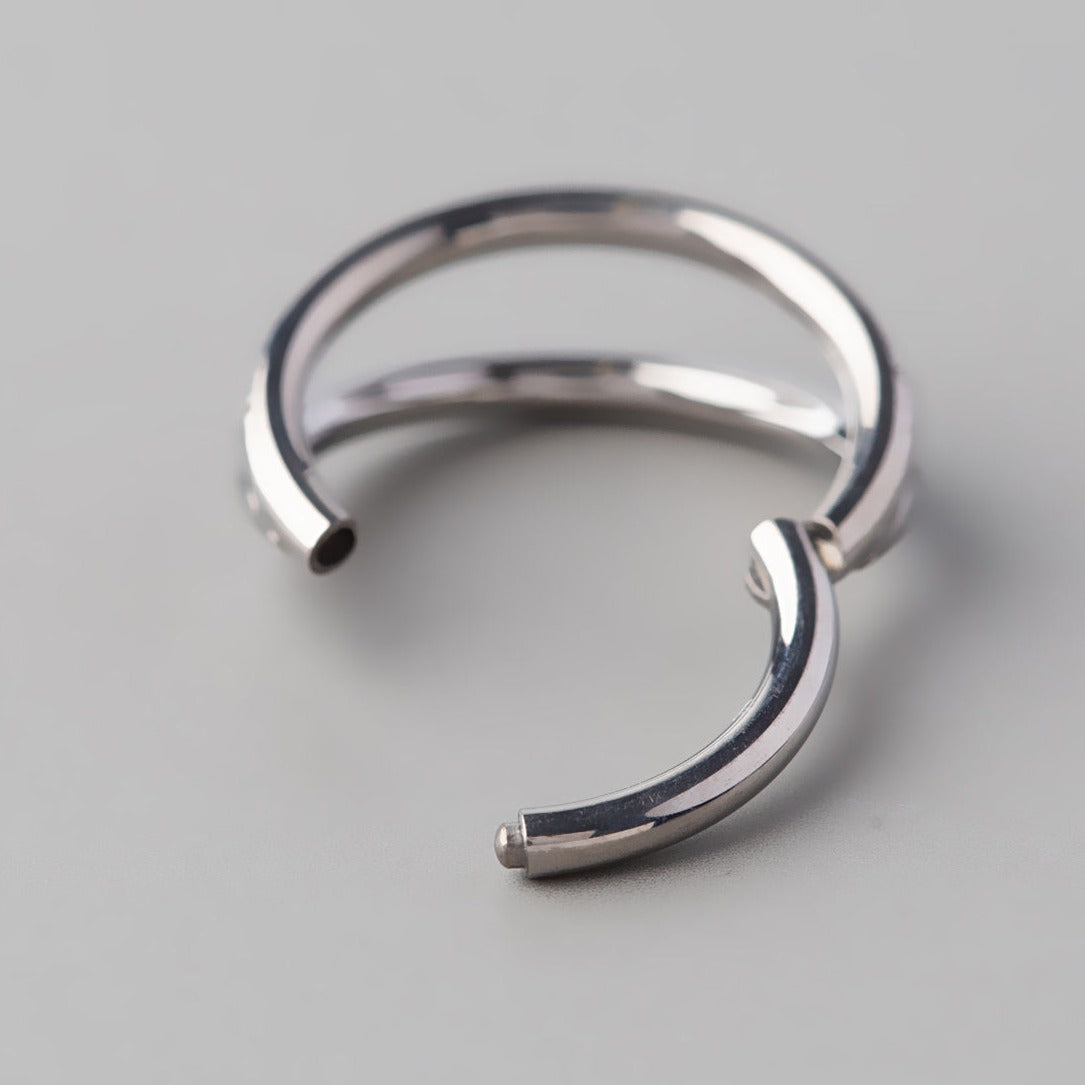 Hinged Segment Ring Double Stack CZ Faced in Silver - Titanium - Camden Body Jewellery