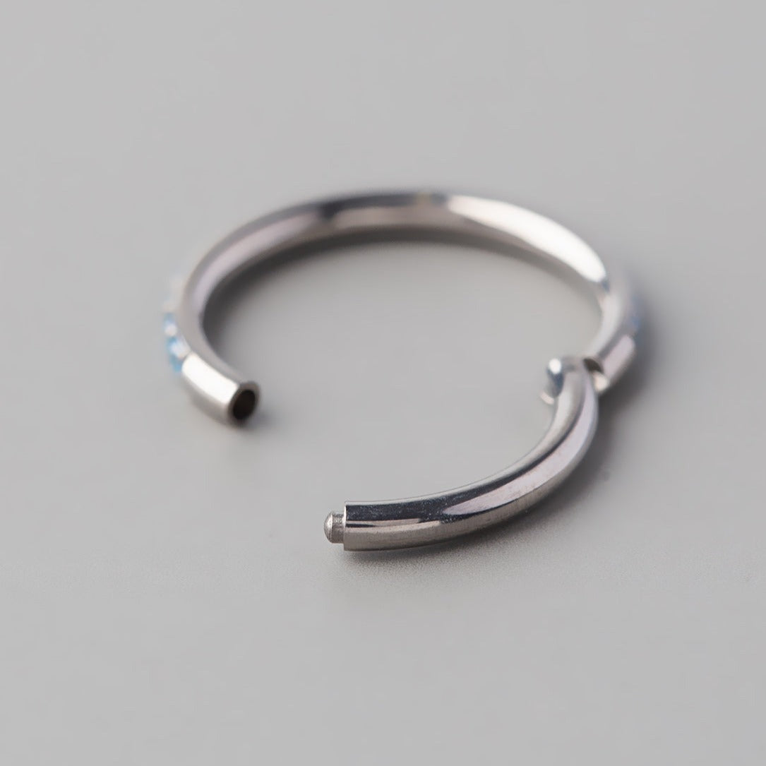 Hinged Segment Ring Aqua CZ Side Face in Silver - Titanium - Camden Body Jewellery