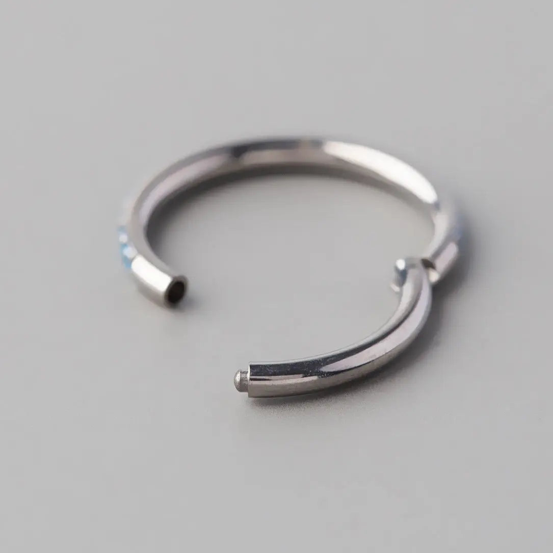 Hinged Segment Ring Aqua CZ Side Face in Silver - Titanium - Camden Body Jewellery