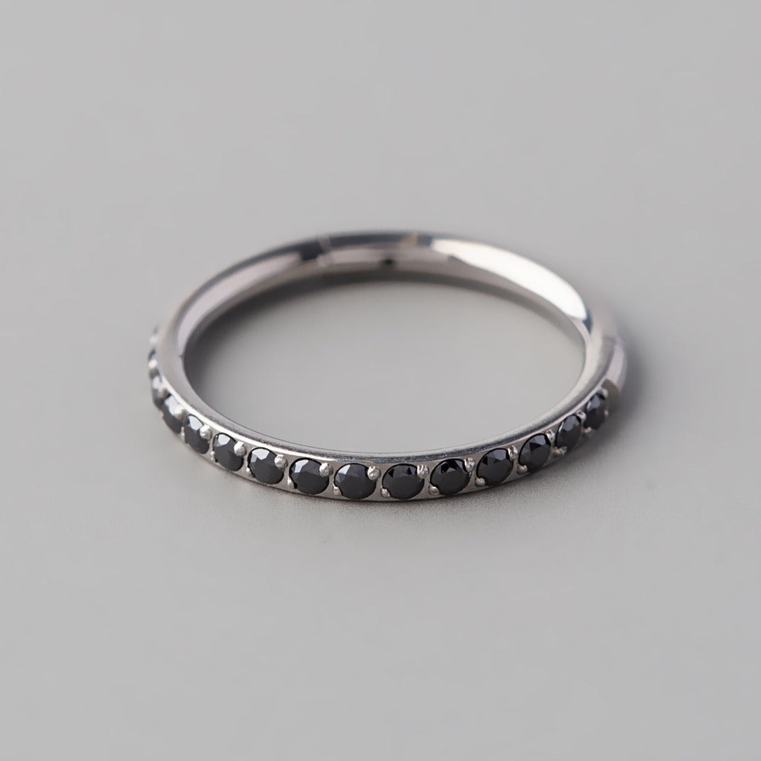 Hinged Segment Ring Black CZ Side Face in Silver - Titanium - Camden Body Jewellery