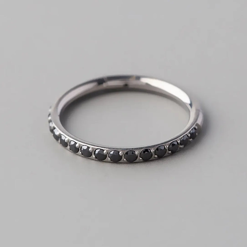 Hinged Segment Ring Black CZ Side Face in Silver - Titanium