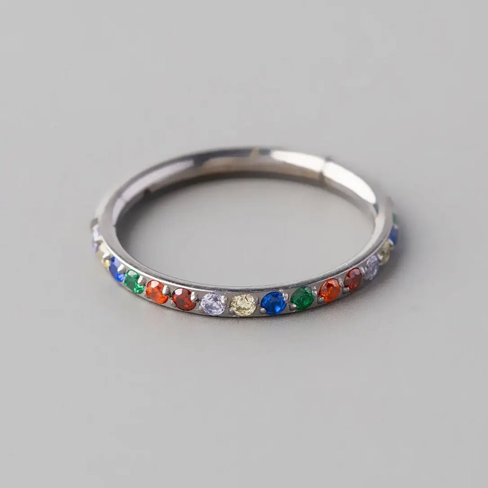 Hinged Segment Ring Rainbow CZ Side Face in Silver - Titanium