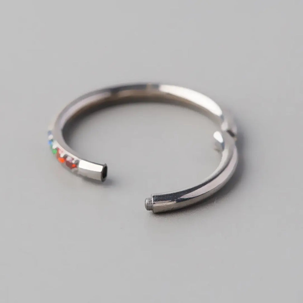 Hinged Segment Ring Rainbow CZ Side Face in Silver - Titanium