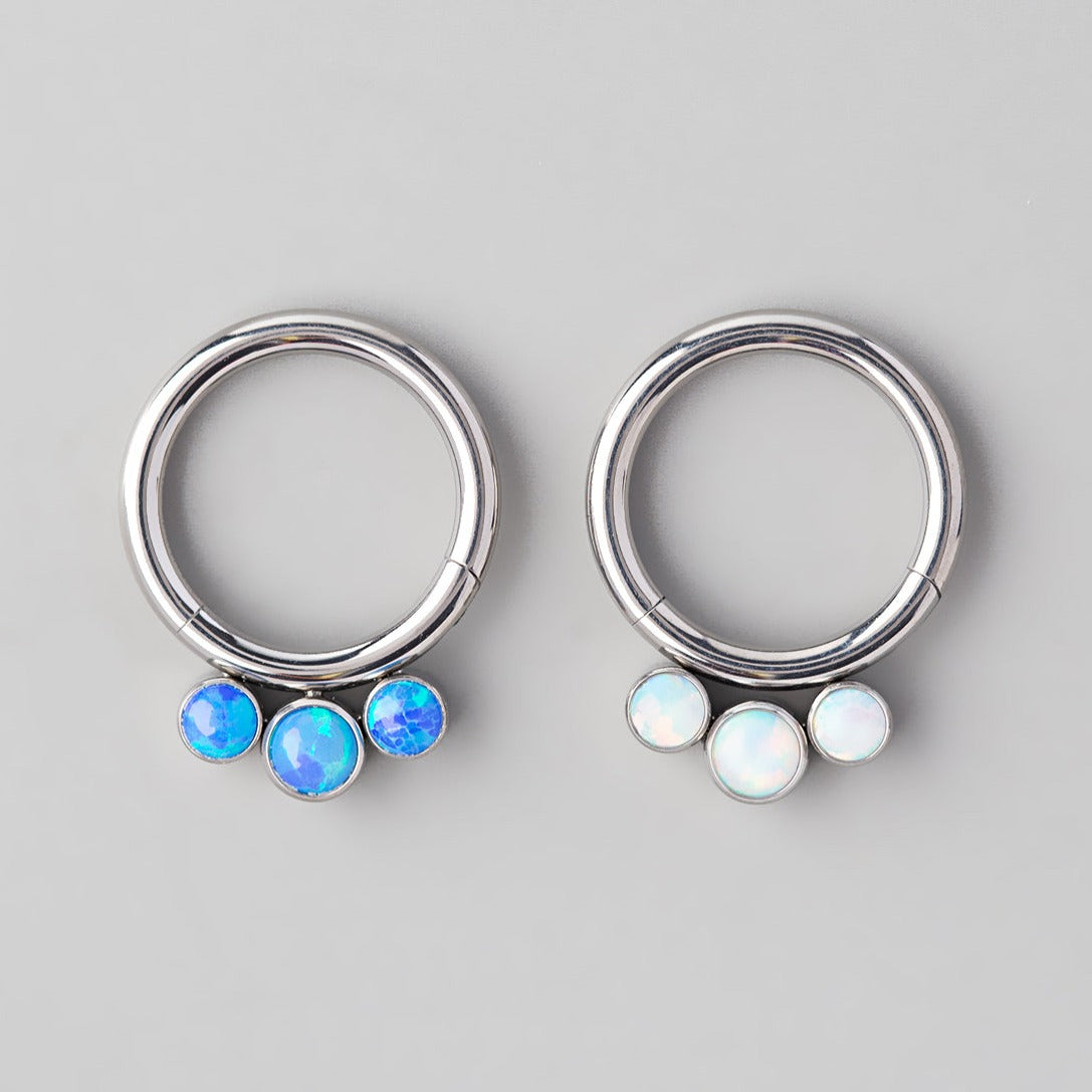 Hinged Segment Ring with Triple White Opal Jewels - Titanium - Camden Body Jewellery