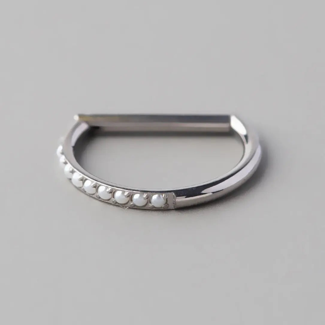 Hinged Segment Ring D Shape Pearl Lined - Titanium - Camden Body Jewellery