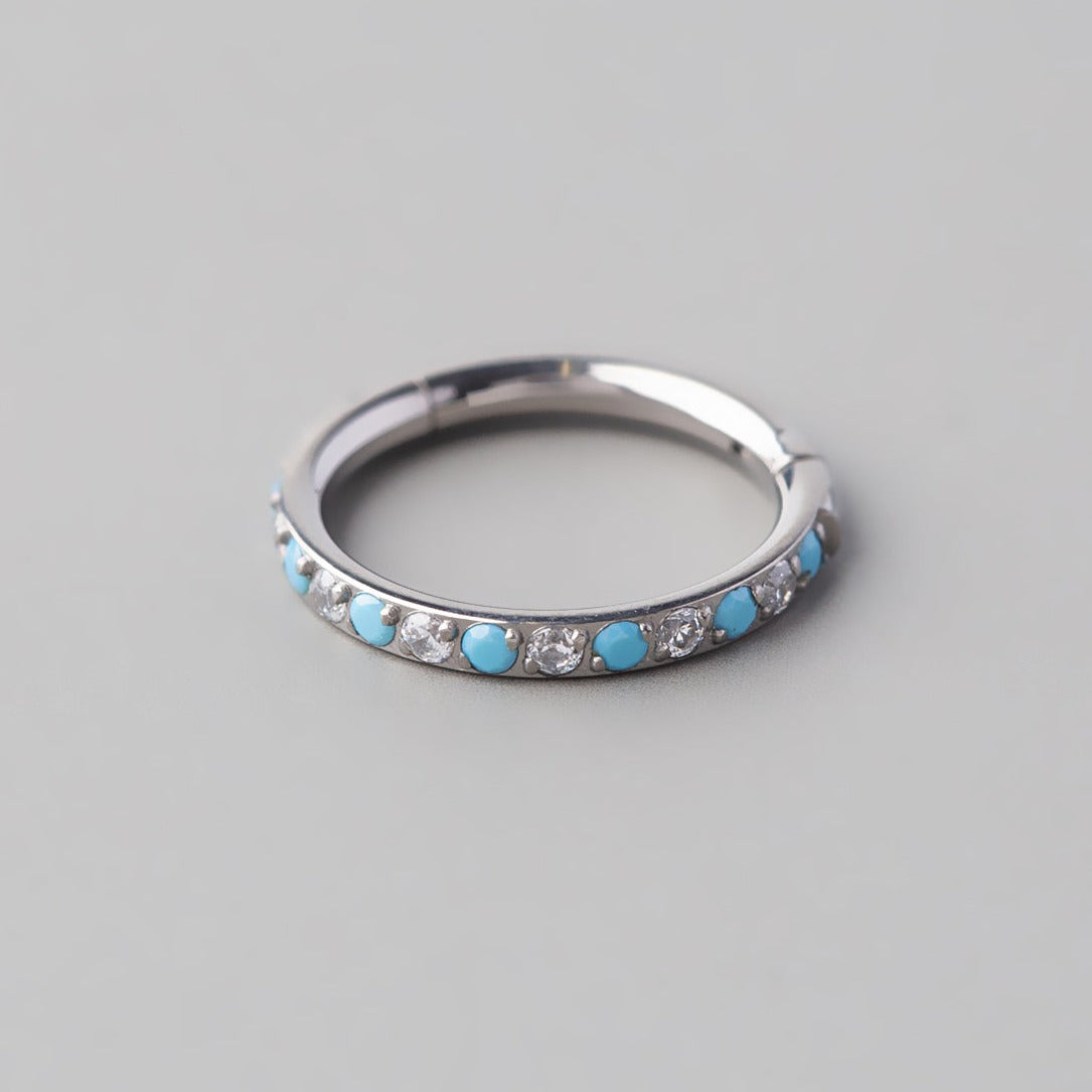 Hinged Segment Ring Clear CZ & Turquoise Side - Titanium - Camden Body Jewellery