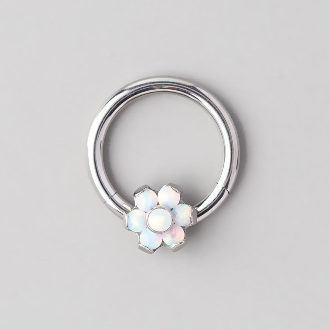 Hinged Segment Ring 6 CZ Flower in White Opal  - Titanium - Camden Body Jewellery