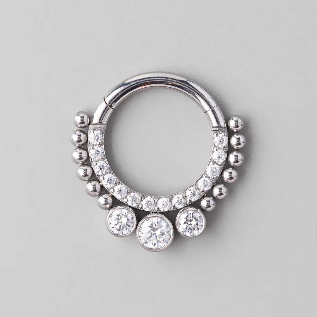 Hinged Segment Ring Front Face CZ Triple Clear Gems in Silver - Titanium - Camden Body Jewellery