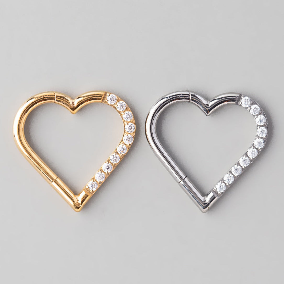 Hinged Segment Ring Heart Shape CZ Pave in Silver - Titanium - Camden Body Jewellery