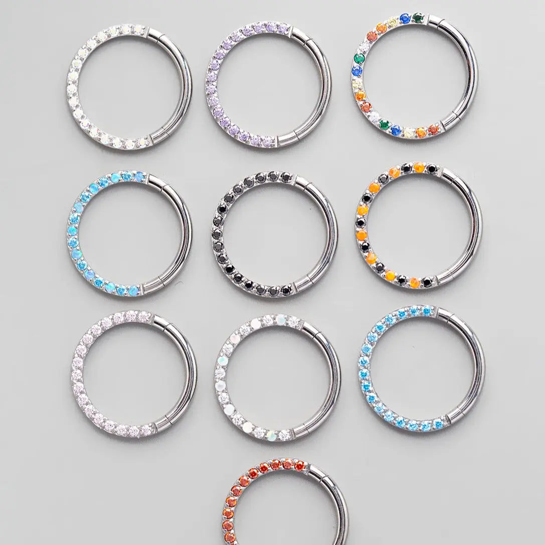 Hinged Segment Ring Front Face CZ in Aqua & Blue Opal - Titanium - Camden Body Jewellery