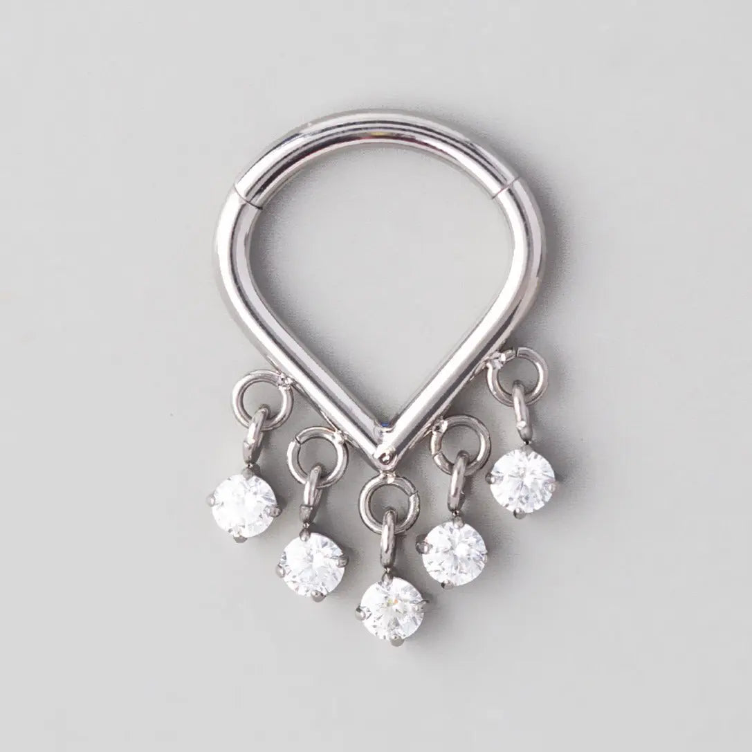 Hinged Segment Ring Chevron With 5 CZ Dangle - Titanium - Camden Body Jewellery