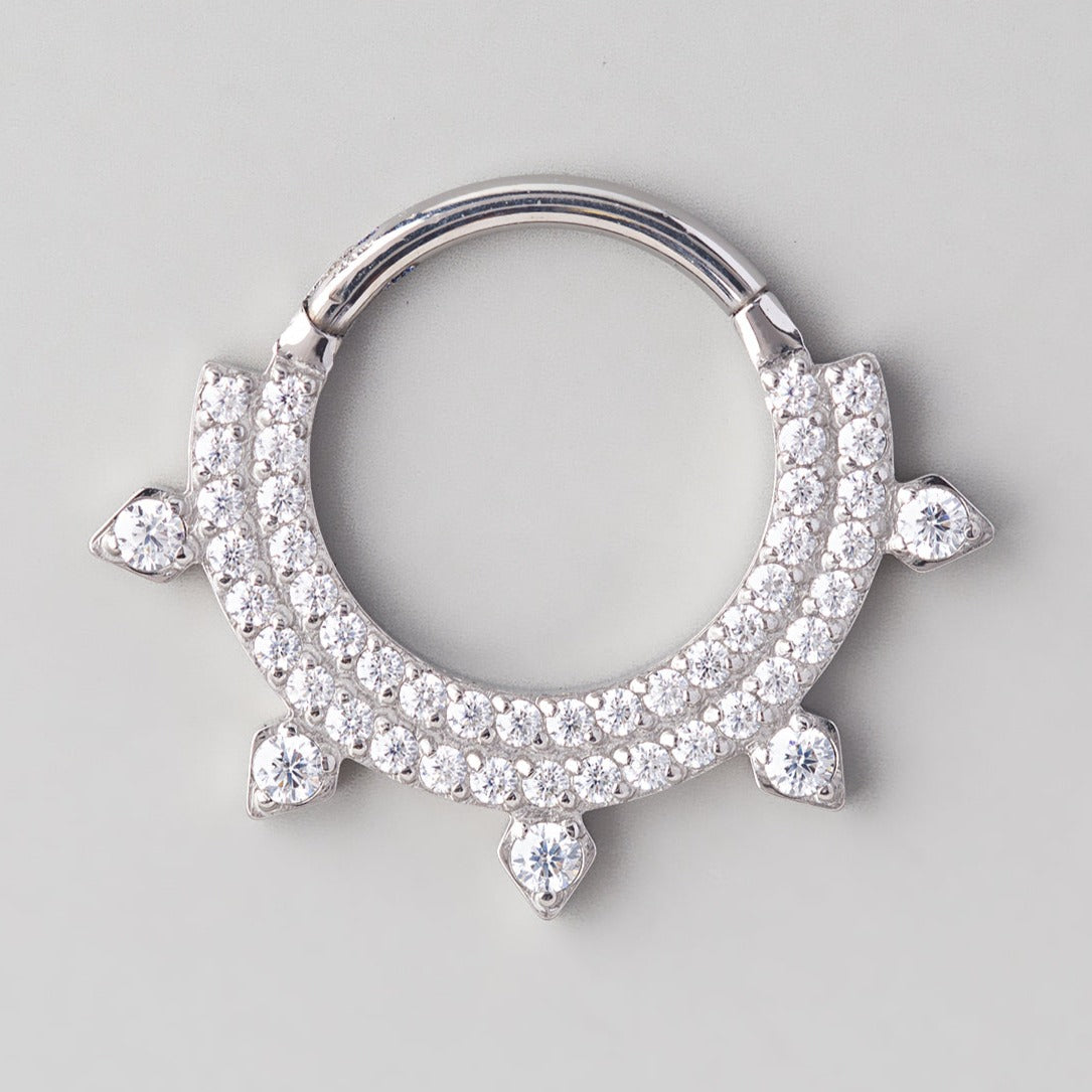 Hinged Segment Ring Front Face CZ 5 CZ Corners in Silver - Titanium - Camden Body Jewellery
