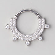 Hinged Segment Ring Front Face CZ 5 CZ Corners in Silver - Titanium - Camden Body Jewellery