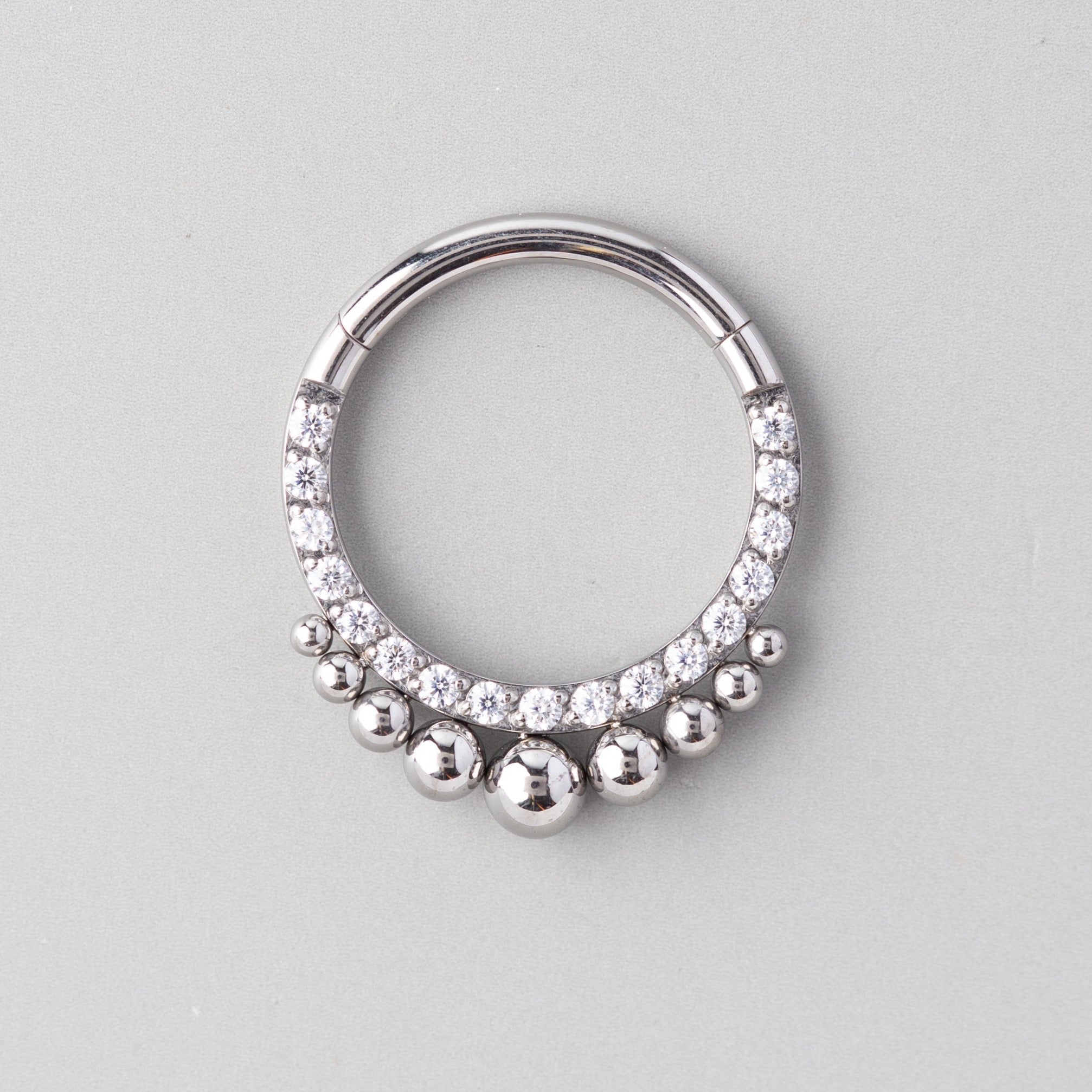 Hinged Segment Ring Front Face CZ with Asia Balls in Silver - Titanium - Camden Body Jewellery