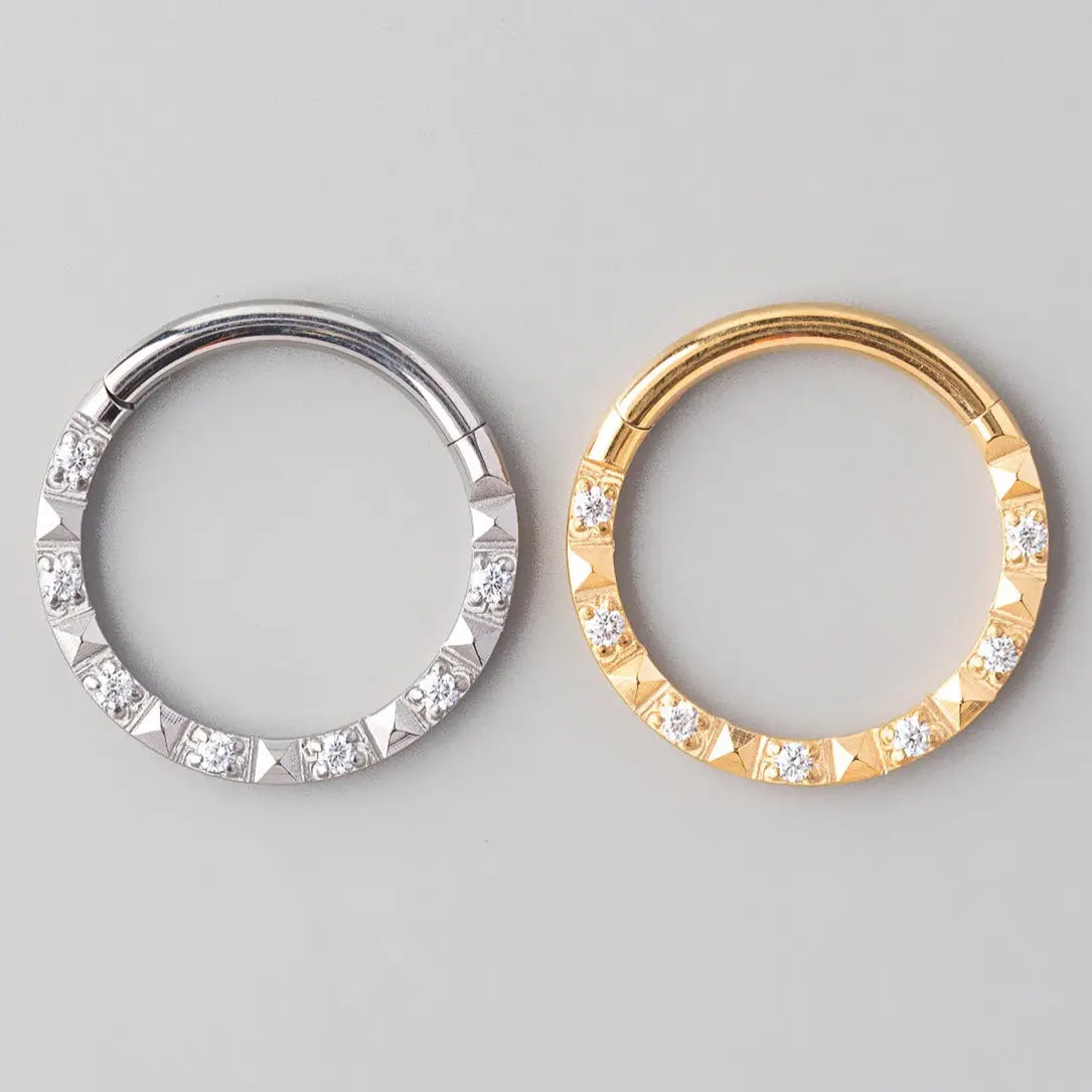 Hinged Segment Ring Front Face CZ Square Cut in Gold - Titanium - Camden Body Jewellery