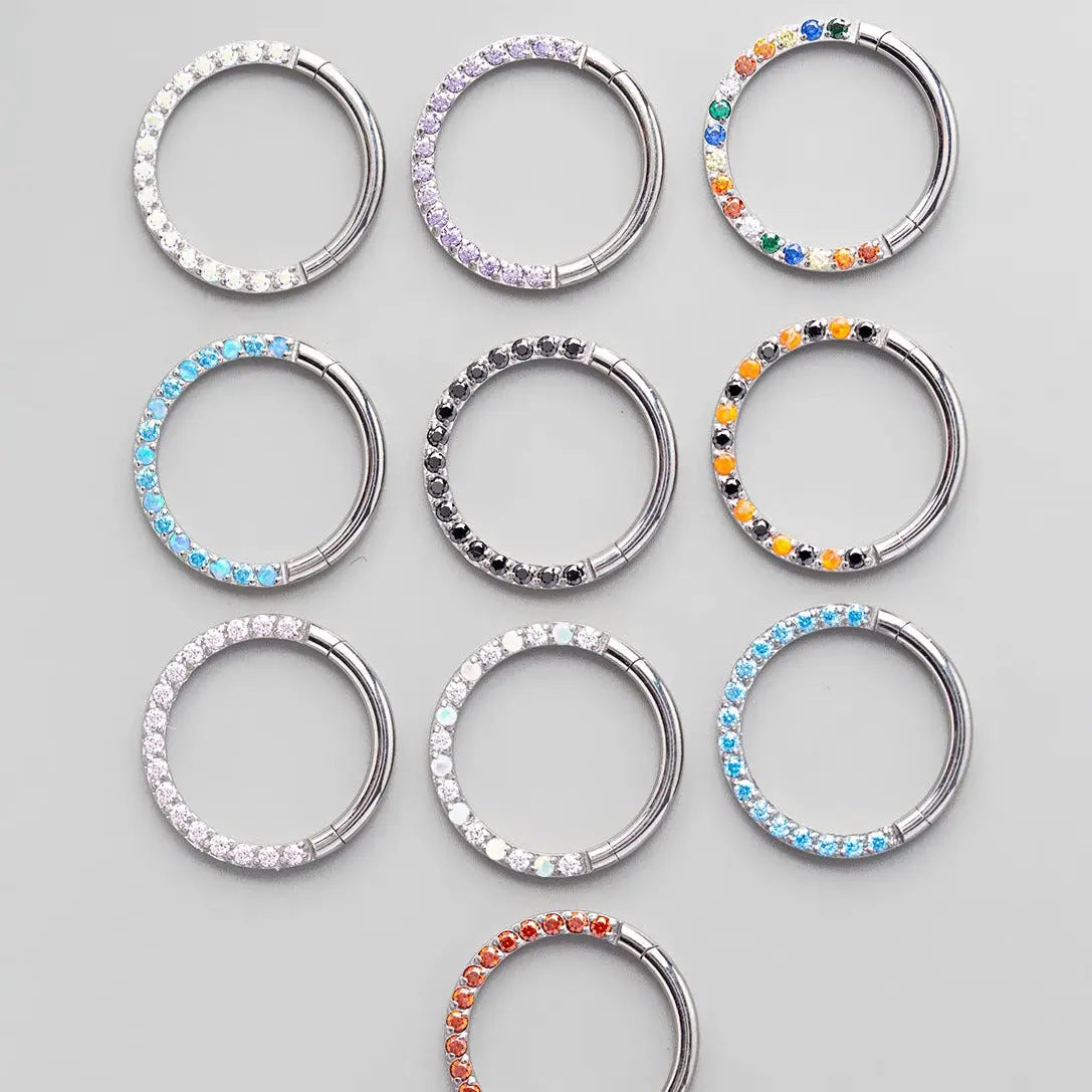 Hinged Segment Ring Front Face CZ in Rainbow - Titanium - Camden Body Jewellery