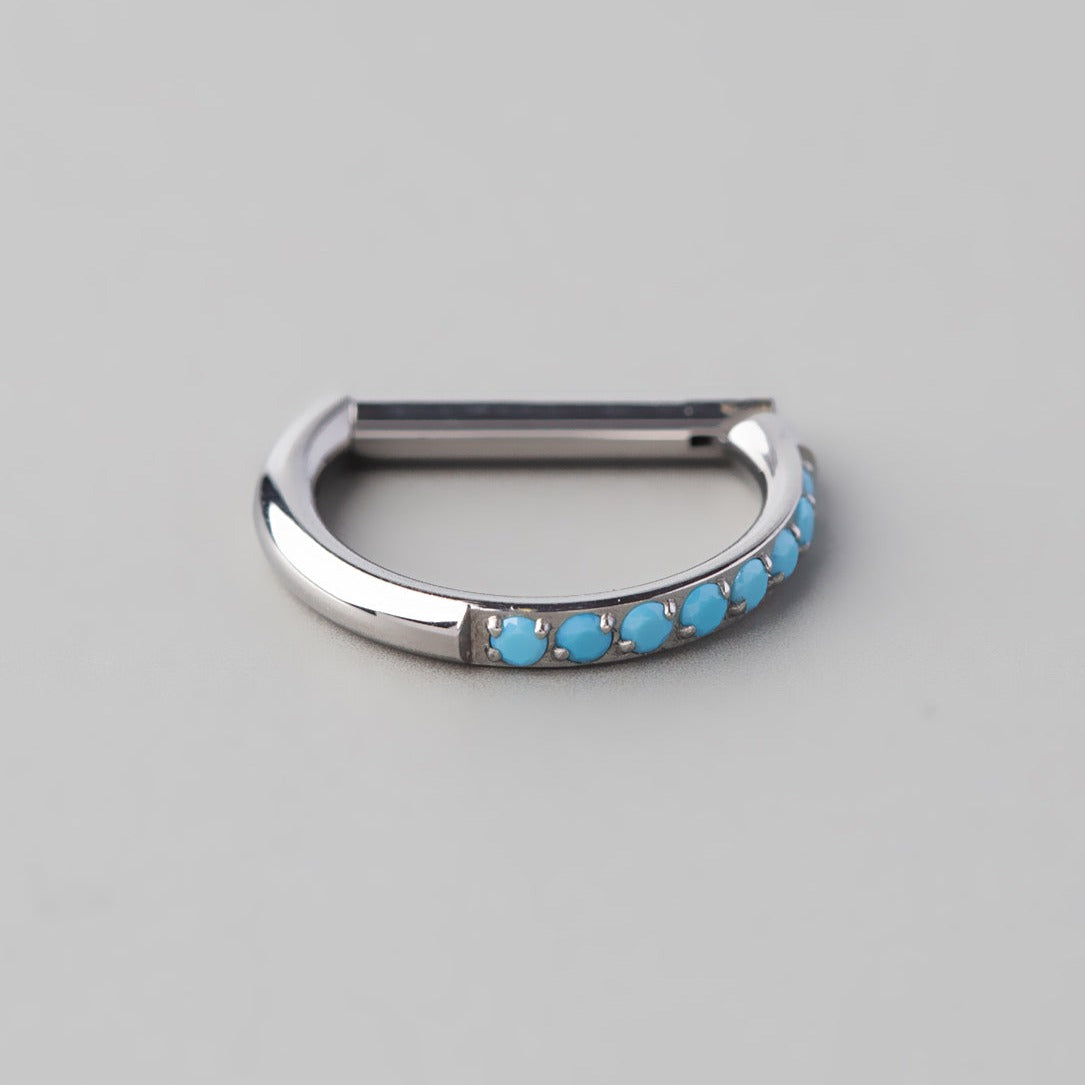 Hinged Segment Ring D Shape Half Side Turquoise Paved - Titanium - Camden Body Jewellery