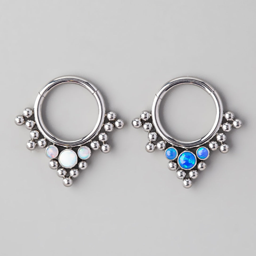 Hinged Segment Ring 5 Tri-Bead Cluster Triple White Opal Stone - Titanium - Camden Body Jewellery