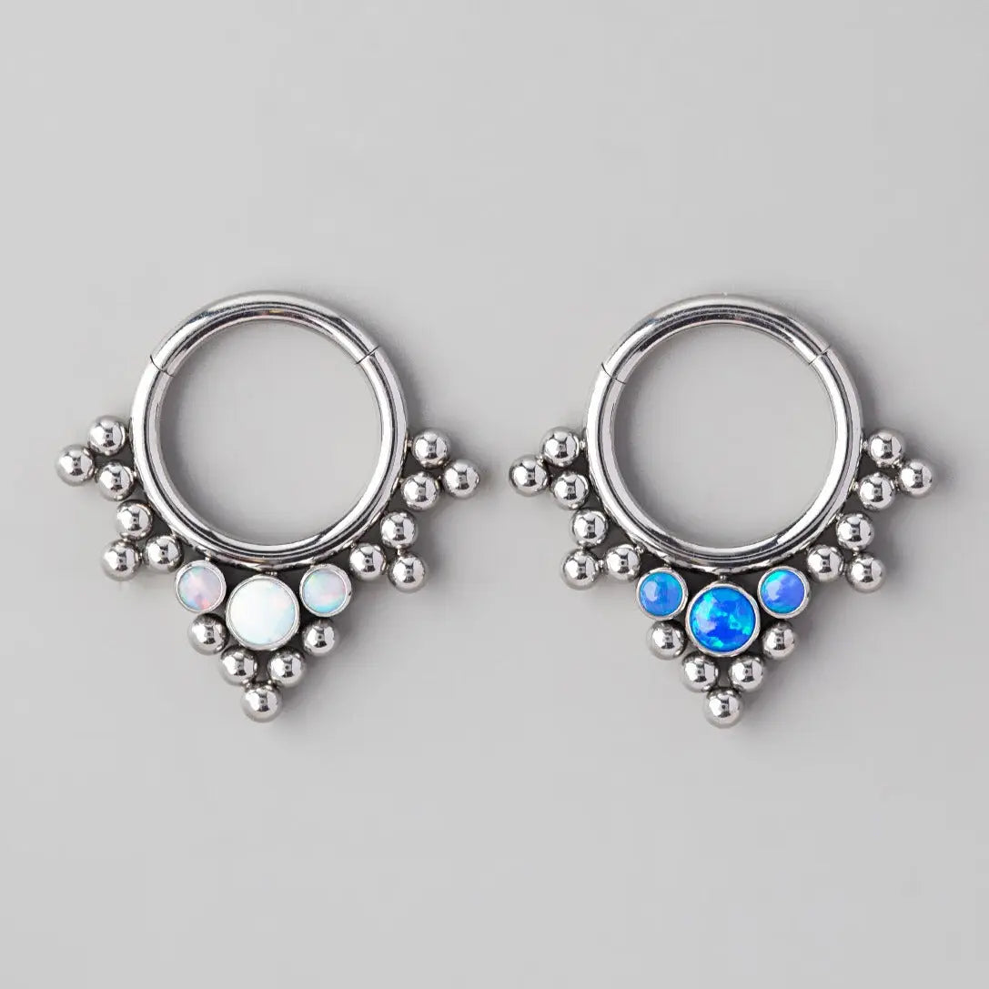 Hinged Segment Ring 5 Tri-Bead Cluster Triple White Opal Stone - Titanium - Camden Body Jewellery