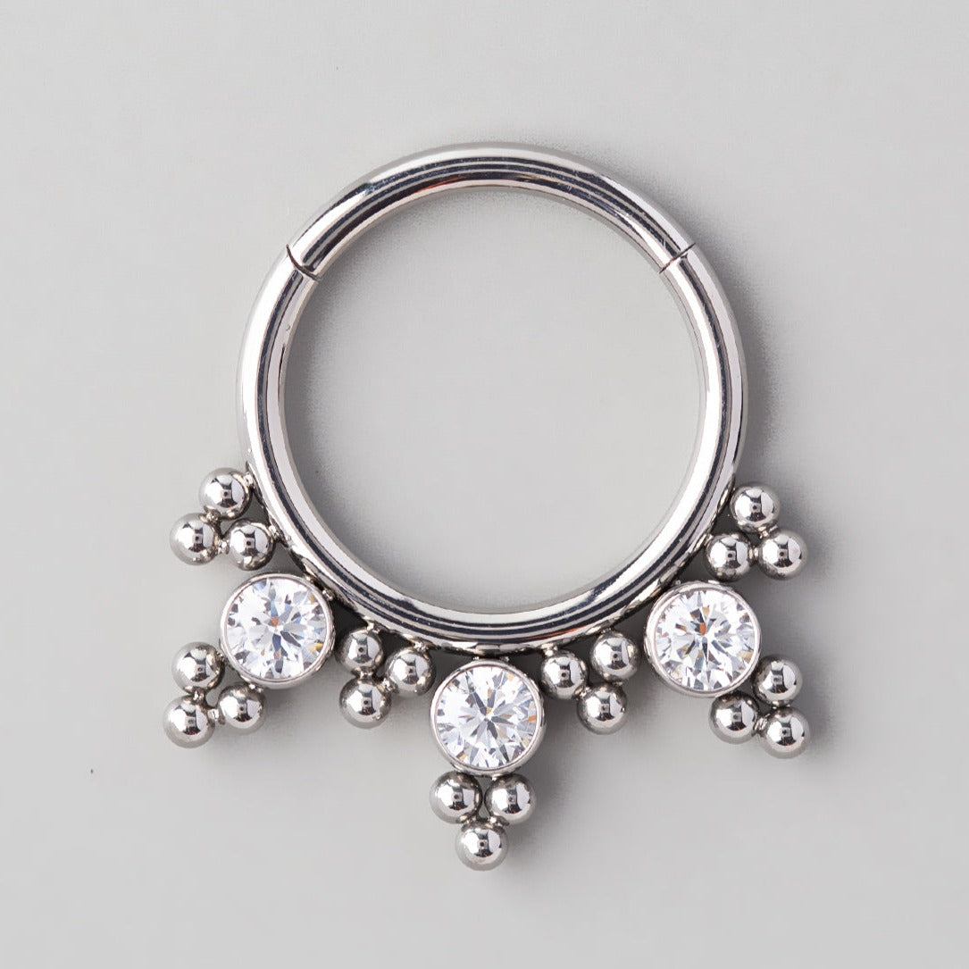 Hinged Segment Ring Balls Blaze Triple Clear Gems in Silver - Titanium - Camden Body Jewellery