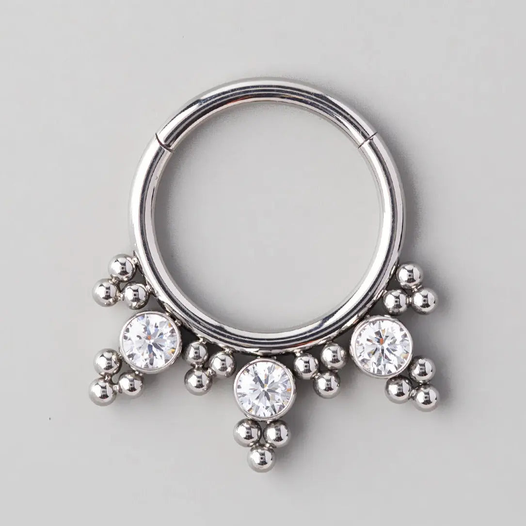 Hinged Segment Ring Balls Blaze Triple Clear Gems in Silver - Titanium - Camden Body Jewellery