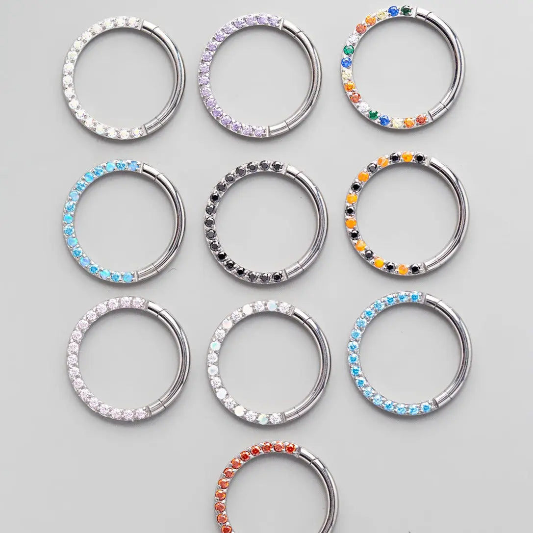 Hinged Segment Ring Front Face Black CZ n Silver - Titanium - Camden Body Jewellery