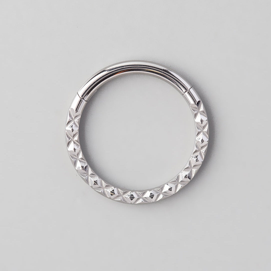 Hinged Segment Ring Front Face X Cut in Silver - Titanium - Camden Body Jewellery