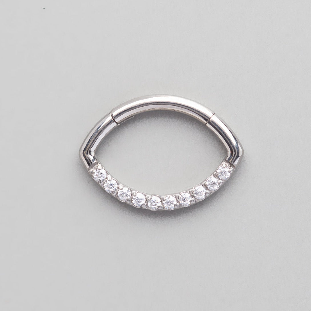 Hinged Segment Ring Front Face CZ Oval Shape in Silver - Titanium - Camden Body Jewellery