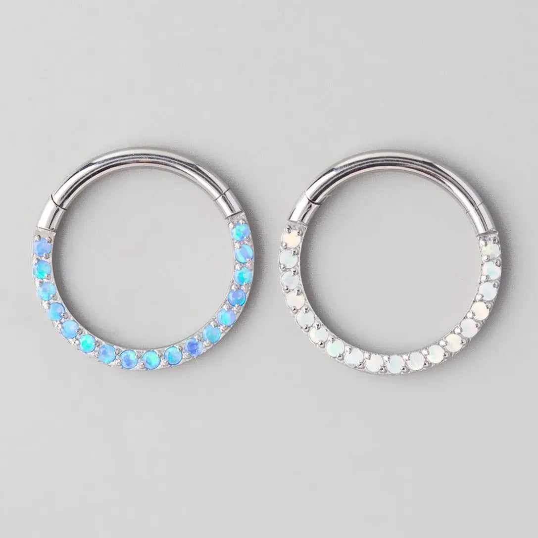 Hinged Segment Ring Front Face CZ in Blue Opal - Titanium - Camden Body Jewellery