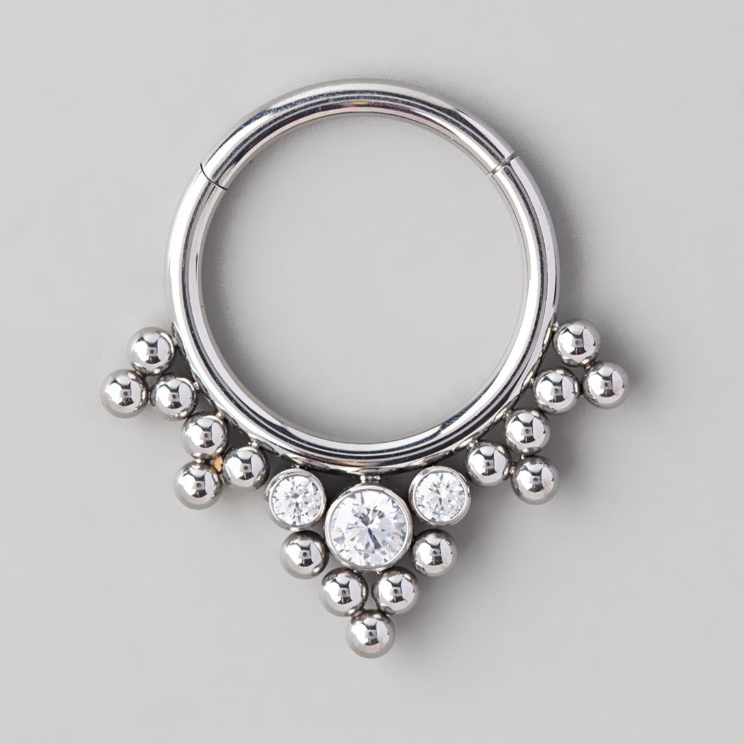 Hinged Segment Ring 5 Tri-Bead Cluster Triple CZ Stone - Titanium - Camden Body Jewellery