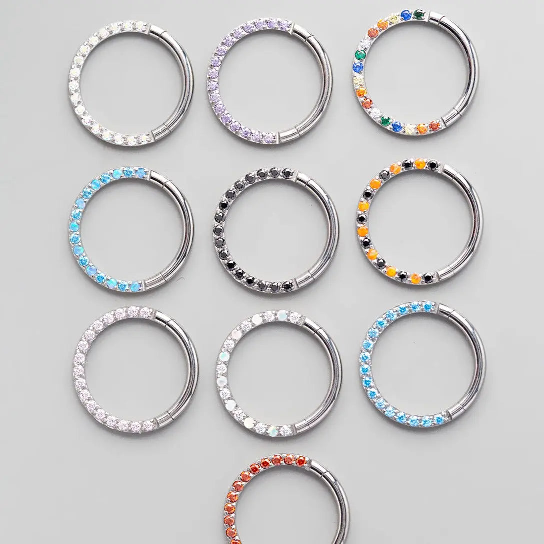 Hinged Segment Ring Front Face CZ in White Opal & Clear - Titanium - Camden Body Jewellery