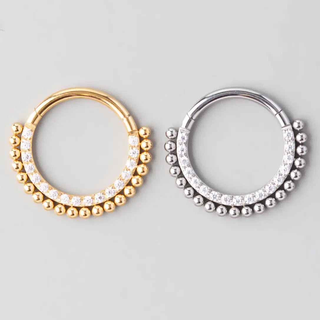 Hinged Segment Ring Front Face CZ with Balls Weld in Gold  - Titanium - Camden Body Jewellery