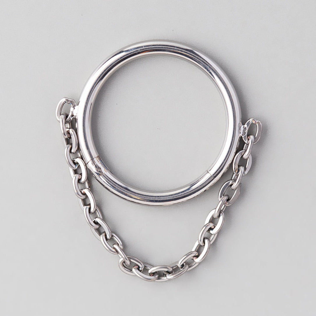 Hinged Segment Ring Front With Chain Dangle in Silver - Titanium - Camden Body Jewellery