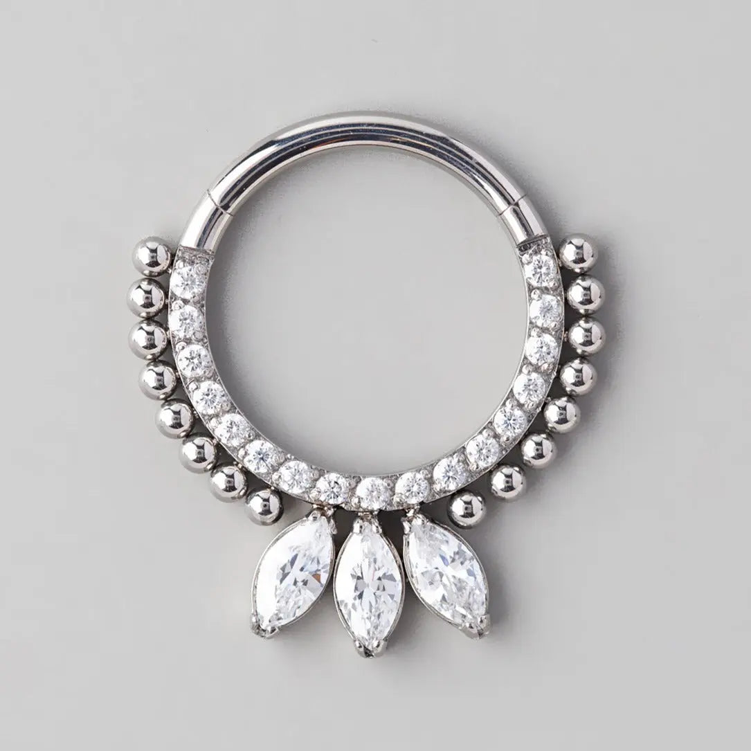 Hinged Segment Ring CZ Paved Triple Marquise & Beads in Silver - Titanium - Camden Body Jewellery