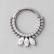 Hinged Segment Ring CZ Paved Triple Marquise & Beads in Silver - Titanium - Camden Body Jewellery