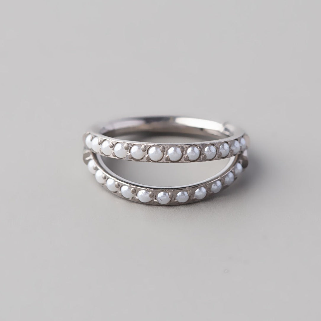 Hinged Segment Ring Double Stack Lined Pearl - Titanium - Camden Body Jewellery