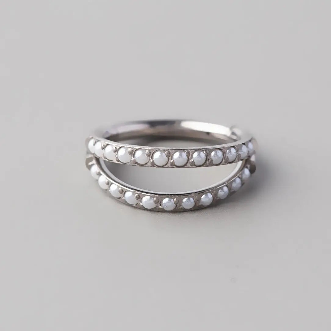 Hinged Segment Ring Double Stack Lined Pearl - Titanium - Camden Body Jewellery
