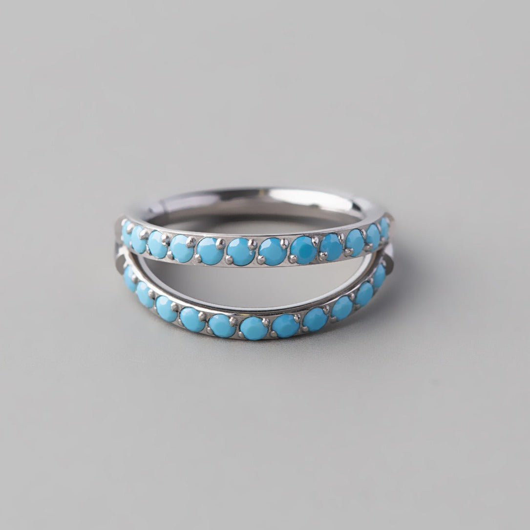 Hinged Segment Ring Double Stack Line with Turquoise - Titanium - Camden Body Jewellery