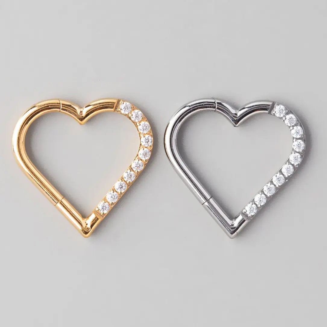 Hinged Segment Ring Heart Shape CZ Pave in Gold - Titanium - Camden Body Jewellery